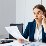 A young professional, fully clothed in a modest business casual outfit, sits at a modern desk, surrounded by financial documents and a calculator. Their expression is thoughtful and slightly surprised as they review a rent breakdown. The background is a bright, clean, minimalist office interior. safe for work, appropriate content, perfect anatomy, correct proportions, natural pose, well-formed hands, proper finger count, natural body proportions, professional photography, high quality, family-friendly.