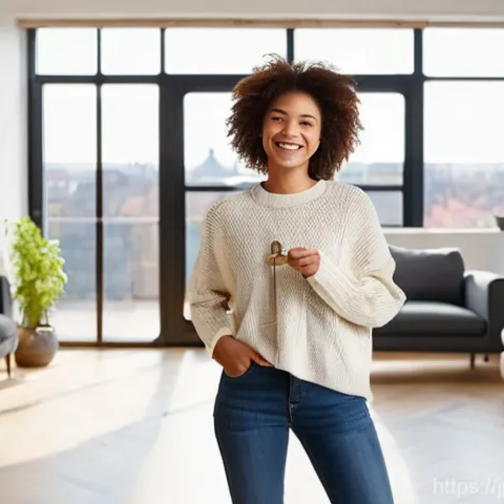 전세 보증금 비용 - **Prompt:** A cheerful young woman, aged late 20s, with bright, optimistic eyes, stands in a sun-dre...