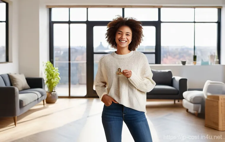 전세 보증금 비용 - **Prompt:** A cheerful young woman, aged late 20s, with bright, optimistic eyes, stands in a sun-dre...