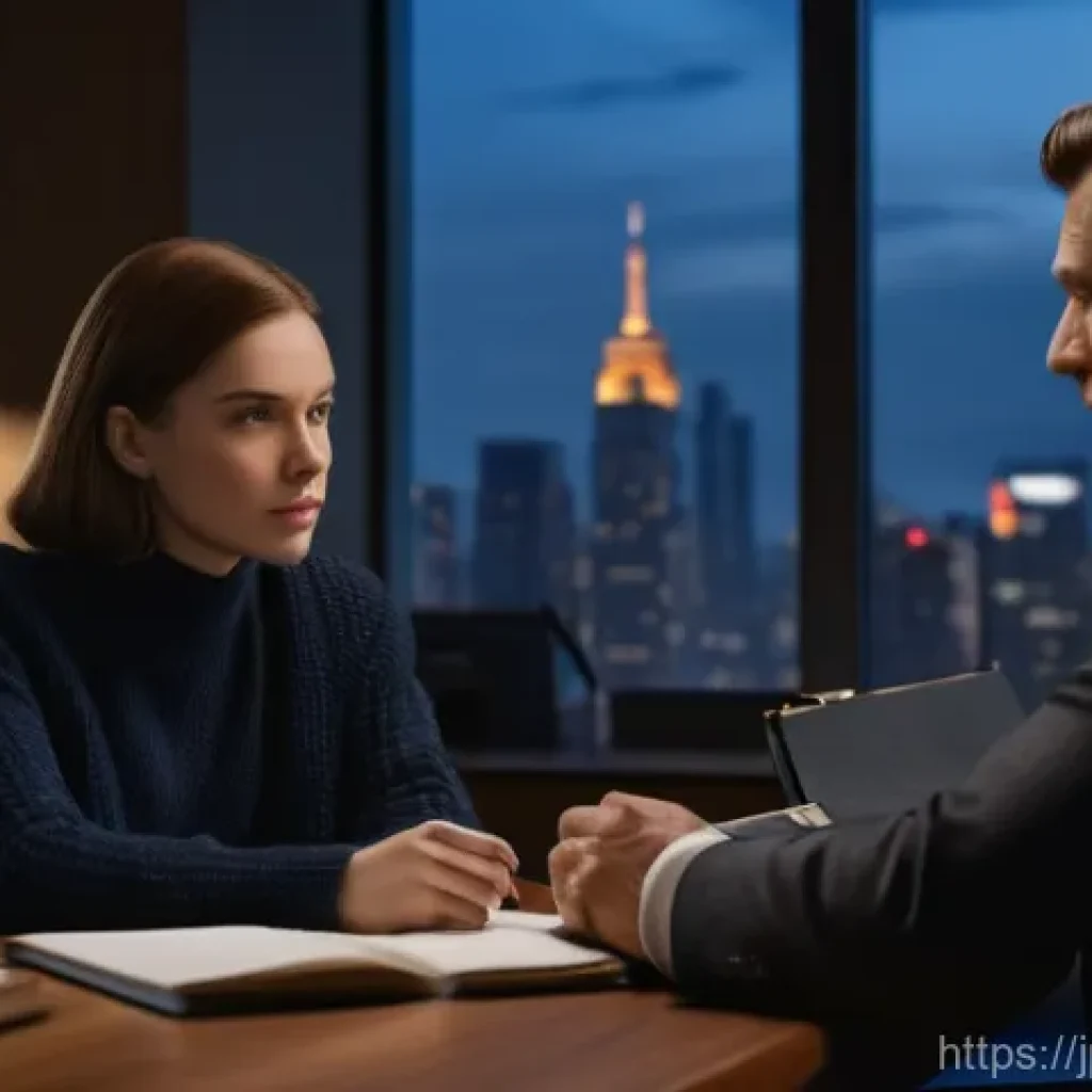 사설 탐정 비용 - A worried young woman, dressed in a modest, dark sweater and jeans, is seated in a modern, slightly ...