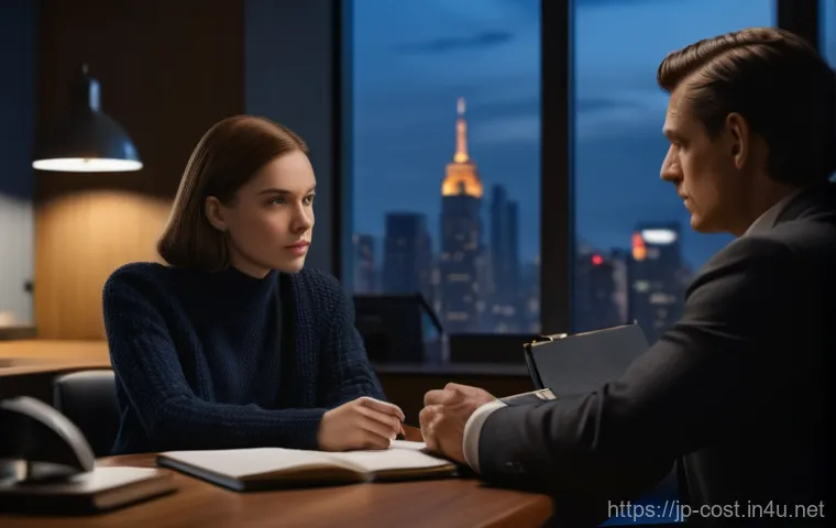 사설 탐정 비용 - A worried young woman, dressed in a modest, dark sweater and jeans, is seated in a modern, slightly ...