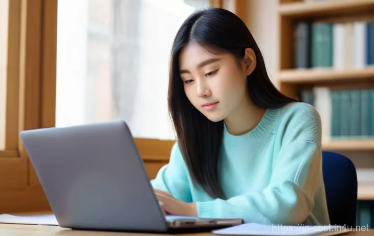 대학 등록금 비용 - **Prompt: Diligent University Student Researching Scholarships**
    A focused young Japanese woman,...