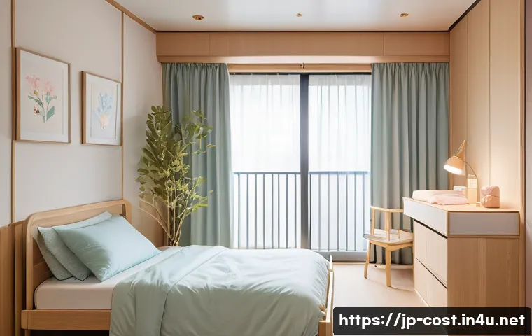 산후조리원 비용 - A modern postpartum care facility room in Tokyo, featuring a cozy private bedroom with soft natural ...