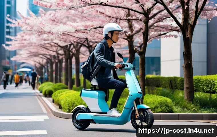 스쿠터 구입비용 - A sleek, modern electric scooter parked on a bustling Tokyo city street during daytime, surrounded b...