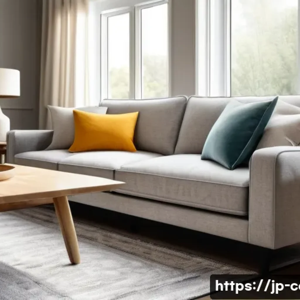 소파 세탁 비용 - A cozy living room scene featuring a modern fabric sofa with a soft, textured surface in neutral ton...