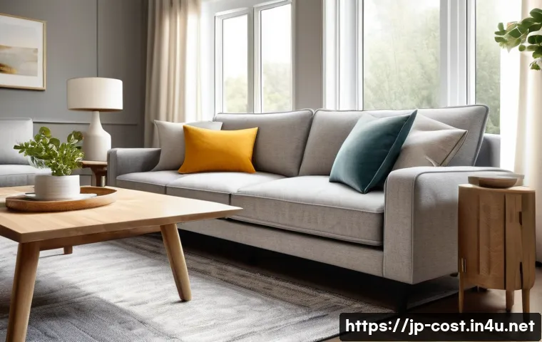 소파 세탁 비용 - A cozy living room scene featuring a modern fabric sofa with a soft, textured surface in neutral ton...
