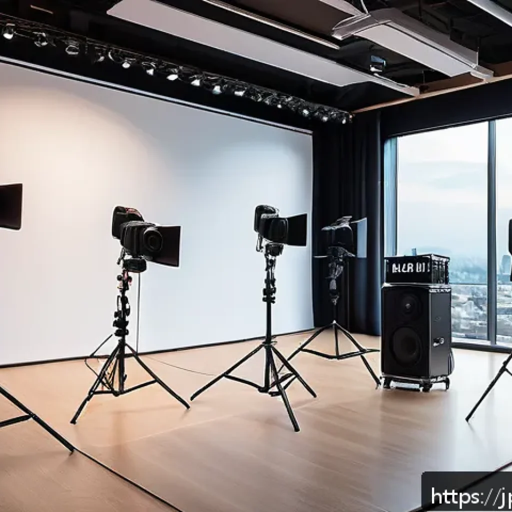 방송장비 렌탈비 - A professional event setup scene focused on cost-effective audiovisual equipment selection: a compac...