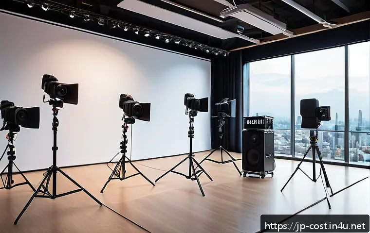 방송장비 렌탈비 - A professional event setup scene focused on cost-effective audiovisual equipment selection: a compac...