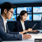 영상 제작 비용 - A modern video production studio scene showing a diverse team of professionals collaborating on a pr...