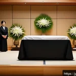 장례식 비용 - A serene Japanese funeral hall interior, softly lit with warm tones, featuring a simple yet elegant ...