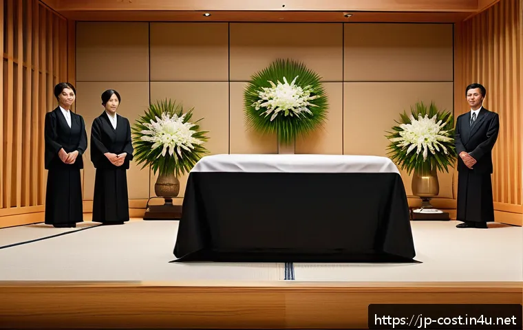장례식 비용 - A serene Japanese funeral hall interior, softly lit with warm tones, featuring a simple yet elegant ...