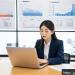 보험 가입비용 - A modern Japanese office setting with a young Japanese professional woman in business casual attire ...