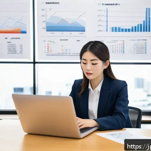 보험 가입비용 - A modern Japanese office setting with a young Japanese professional woman in business casual attire ...