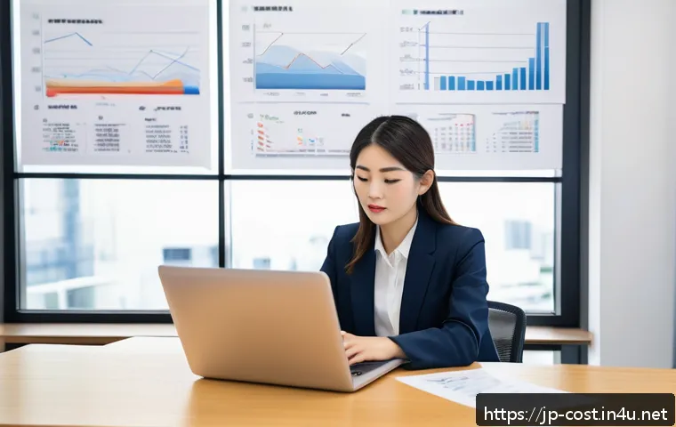 보험 가입비용 - A modern Japanese office setting with a young Japanese professional woman in business casual attire ...