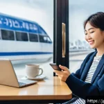 해외여행 경비 - A cheerful young Japanese traveler in casual modern clothing using a smartphone app to check fluctua...