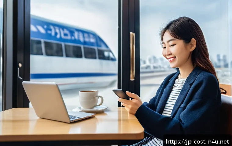해외여행 경비 - A cheerful young Japanese traveler in casual modern clothing using a smartphone app to check fluctua...