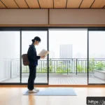 원룸 보증금 - A modern Japanese apartment interior scene showing a young Japanese tenant carefully inspecting a cl...
