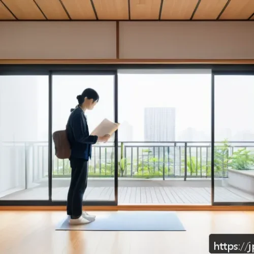 원룸 보증금 - A modern Japanese apartment interior scene showing a young Japanese tenant carefully inspecting a cl...