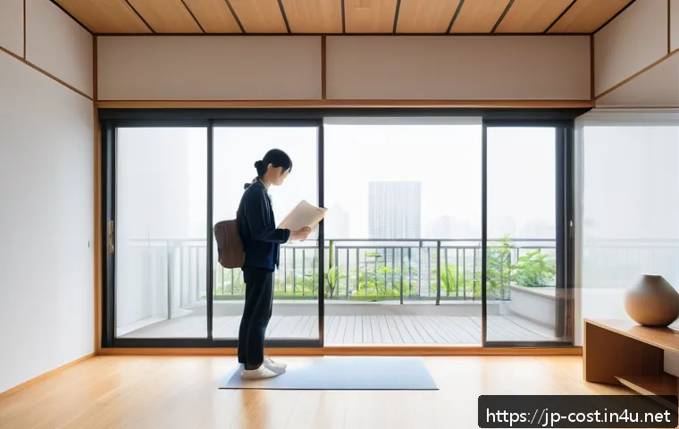 원룸 보증금 - A modern Japanese apartment interior scene showing a young Japanese tenant carefully inspecting a cl...
