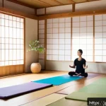 요가 강습비 - A serene yoga studio in Japan with a small group class focusing on relaxation and mindfulness, featu...