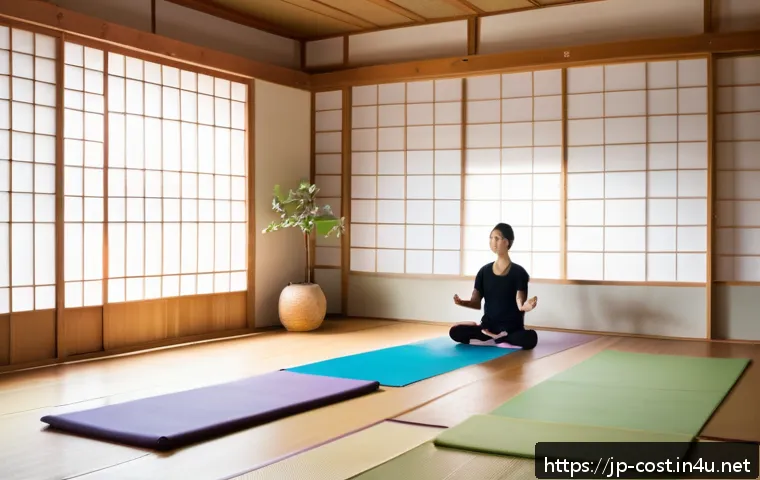 요가 강습비 - A serene yoga studio in Japan with a small group class focusing on relaxation and mindfulness, featu...