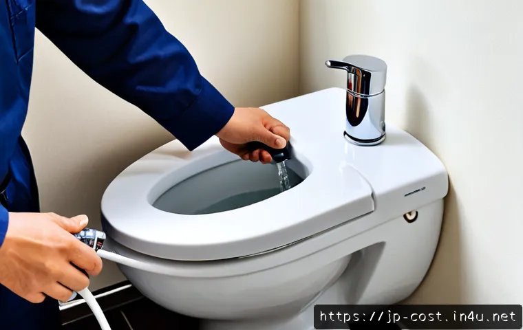비데 설치비용 - Photorealistic Japanese apartment bathroom, skilled plumber in clean work uniform installing a moder...